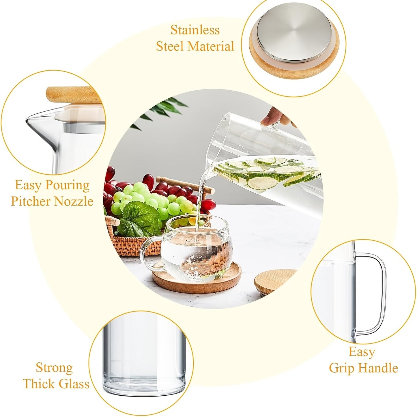 1pc Leak-Proof Glass Pitcher with Bamboo Lid, 1000ml/1500ml - Ideal