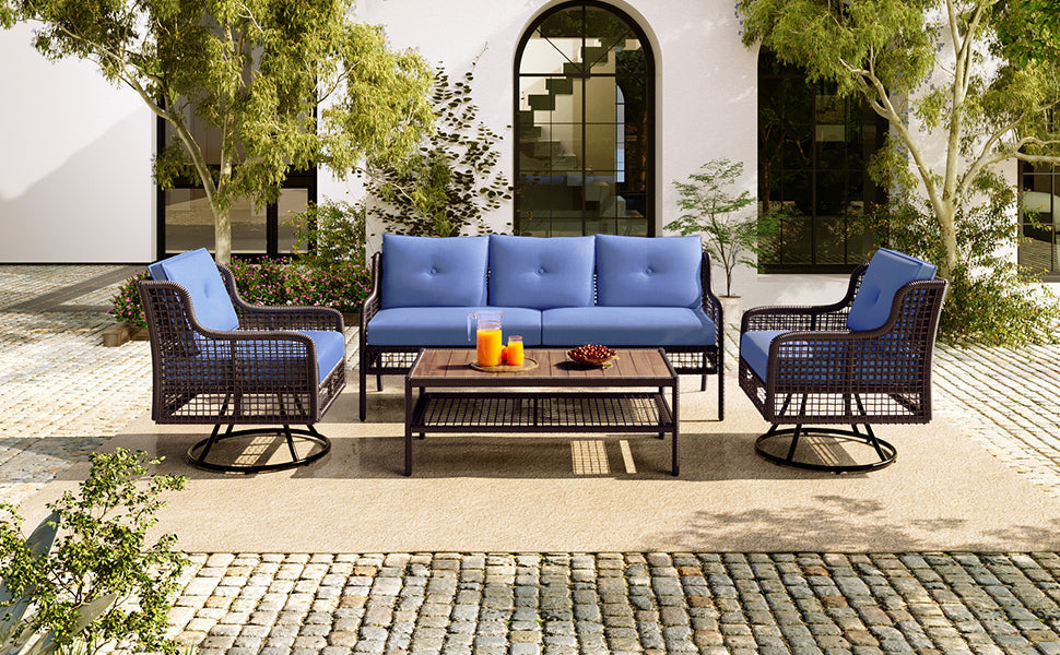 4 Pieces Patio Furniture Set with Swivel Chairs, Outdoor Wicker Sofas