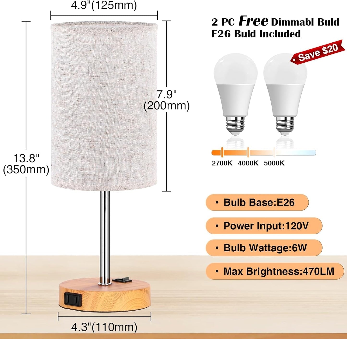 Table Lamp for Bedroom Set of 2, Bedside Small Lamps with 3 Way