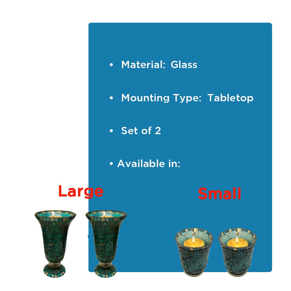 Blue Moon Glass Hurricane Candle Holder - Elegant Mosaic Table