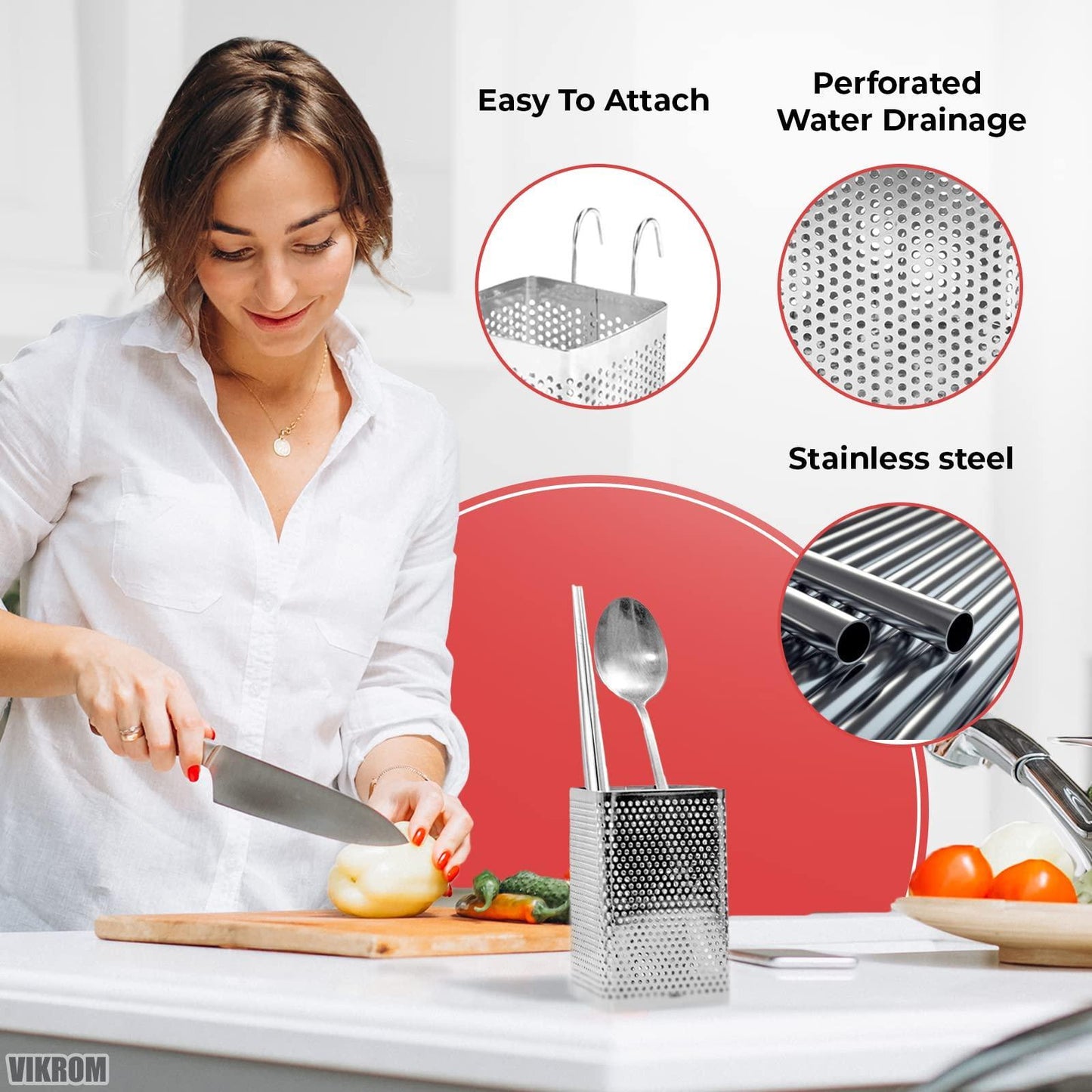 Stainless Steel Utensil Holder for Kitchen Counter Perforated