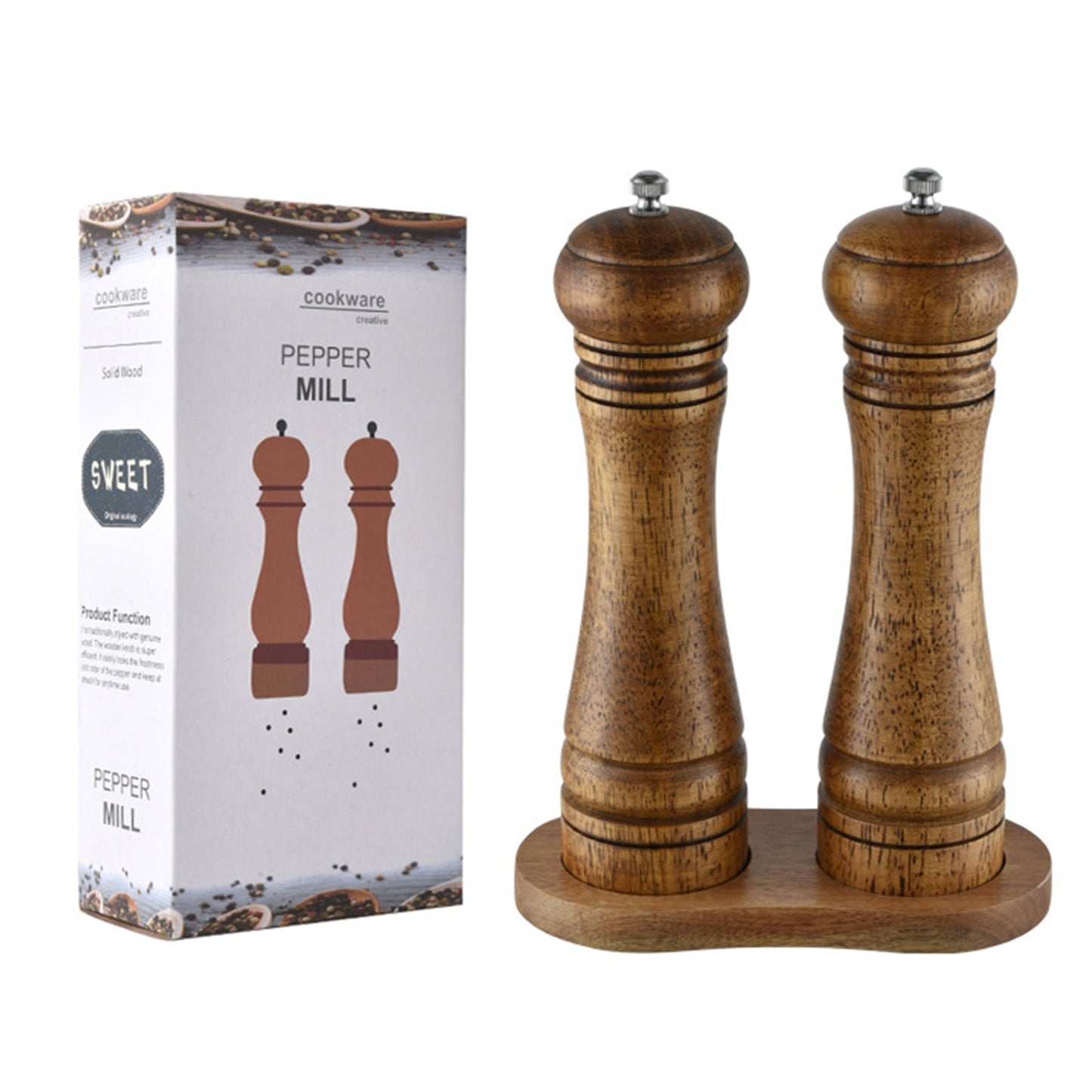 2X Wooden Pepper Grinder Pepper Mill Coarseness Adjustable Peppermill