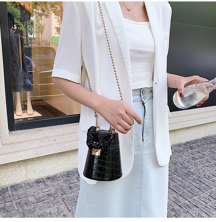 Women's Crocodile Pattern Round Bucket Bag