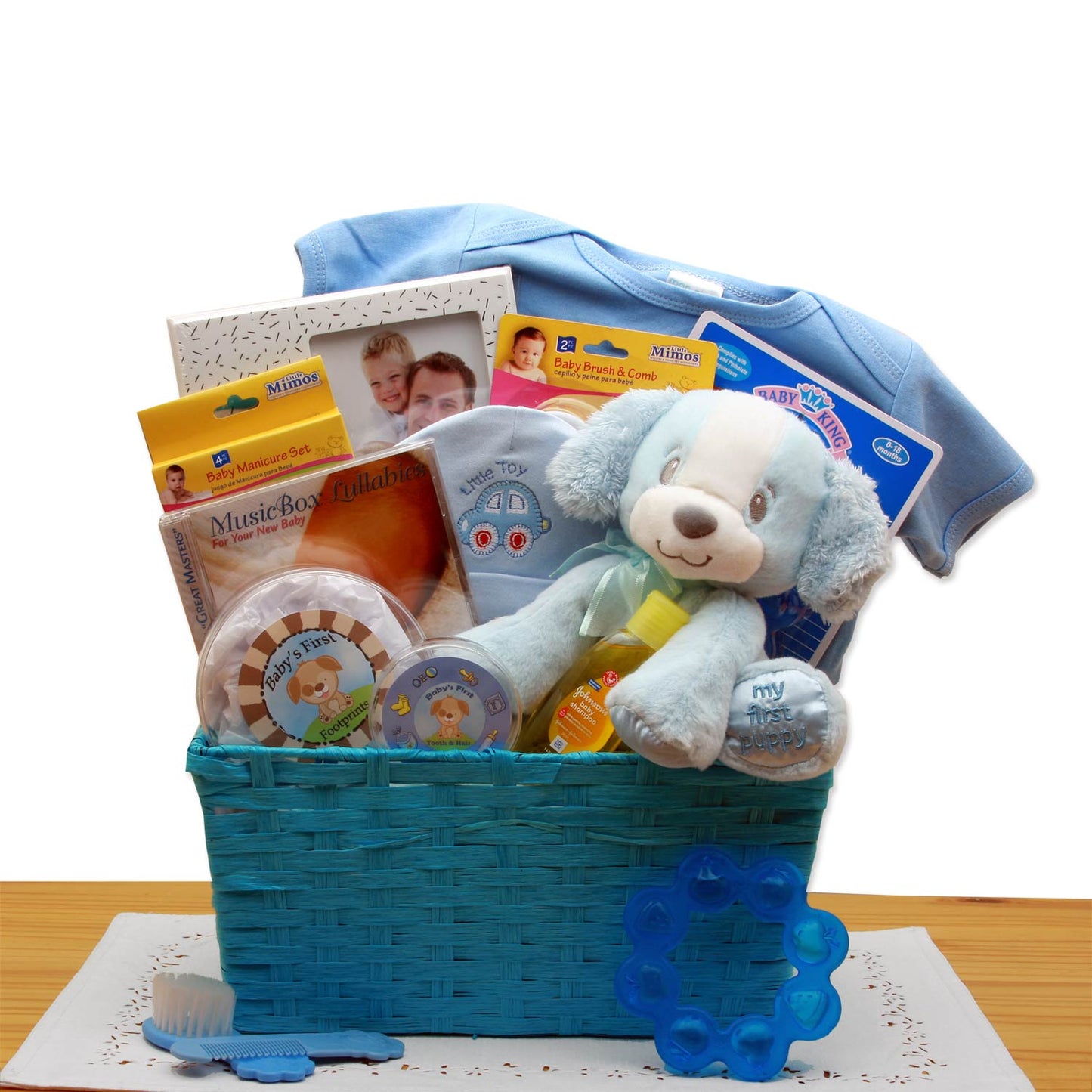 Puppy Love New Baby Gift Basket - Blue- baby boy gift basket - new