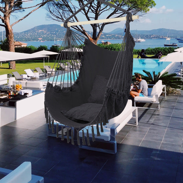 LuneluX – Boho Hanging Chair with Fringe & Cushions (Gray)