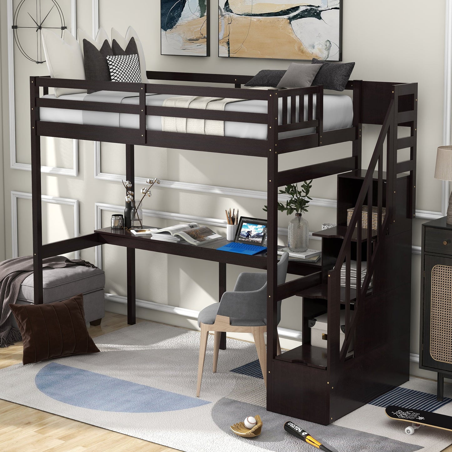 Twin Size Loft Bed with Storage Staircase and Built-in Desk, Espresso