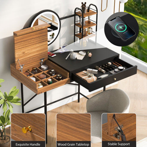 Makeup Vanity Desk With 3-Mode Lighted Mirror Wireless Charging