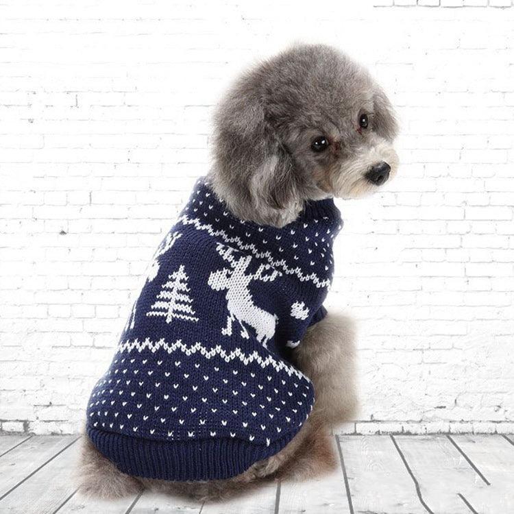 Festive Holiday Pet Sweater - Blue And Red Christmas Reindeer Design