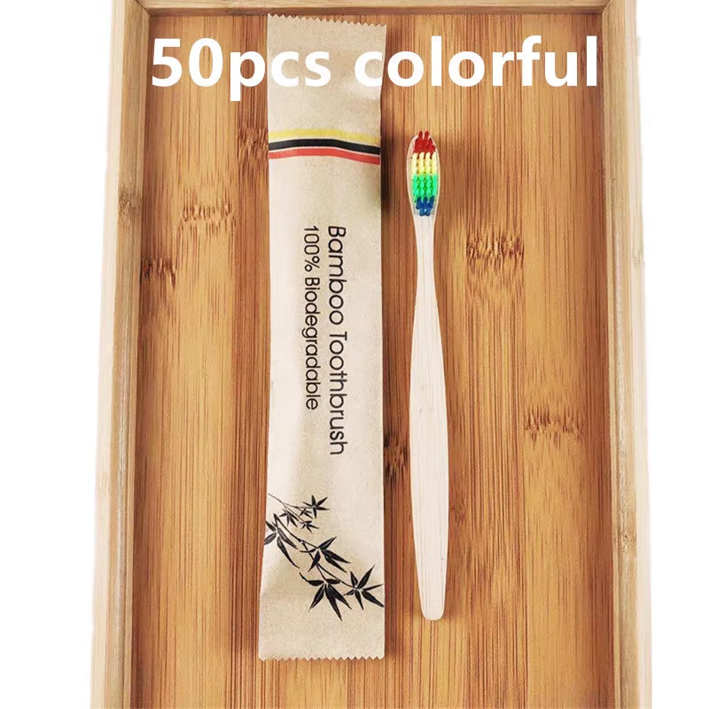 50 / 100 Pcs Customized Laser Engraving Logo Bamboo Toothbrushes Portable Eco Friendly Wooden Tooth Brush for Adults Children