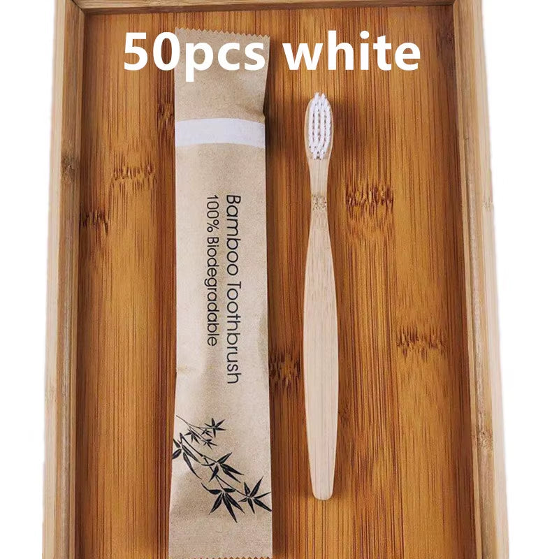 50 / 100 Pcs Customized Laser Engraving Logo Bamboo Toothbrushes Portable Eco Friendly Wooden Tooth Brush for Adults Children