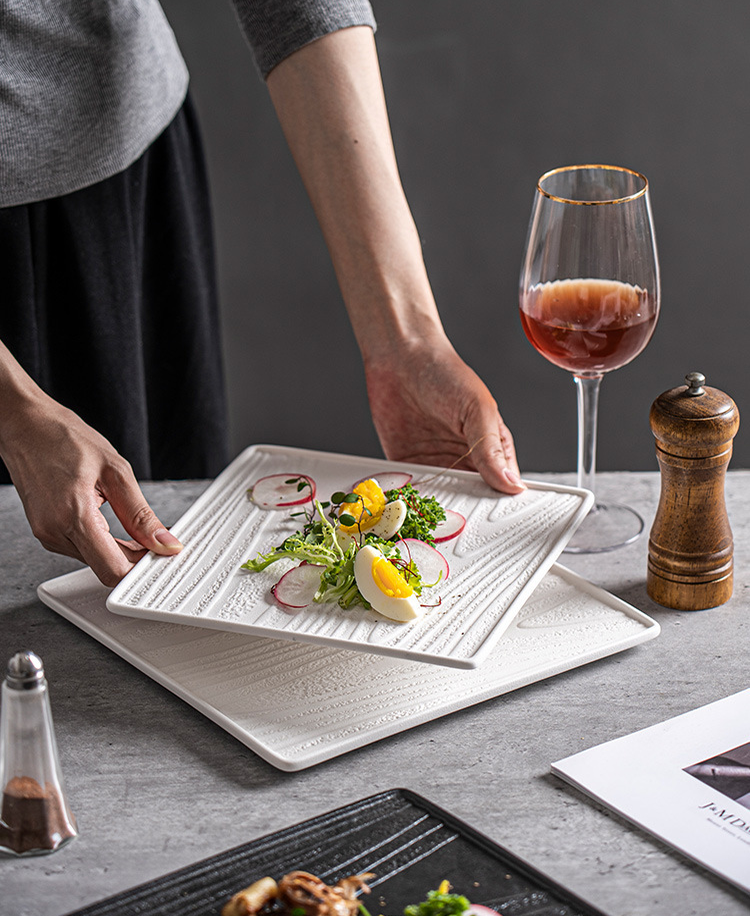 Modern Square Ceramic Dinner Plate｜High-Fired Stone-Texture Ceramic