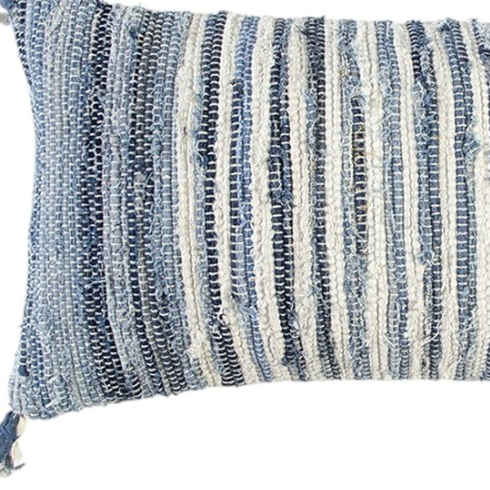 14" X 26" Denim Blue And Ivory Cotton Throw Pillow with Tassels And