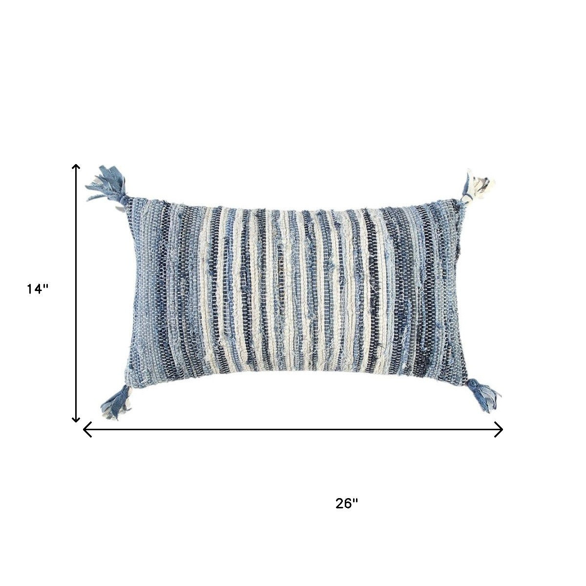 14" X 26" Denim Blue And Ivory Cotton Throw Pillow with Tassels And