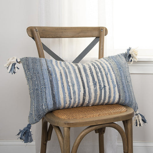 14" X 26" Denim Blue And Ivory Cotton Throw Pillow with Tassels And