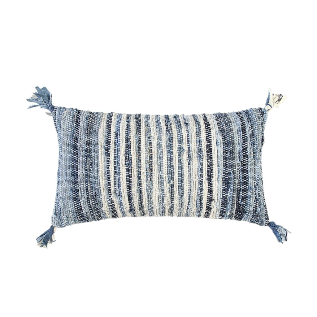 14" X 26" Denim Blue And Ivory Cotton Throw Pillow with Tassels And