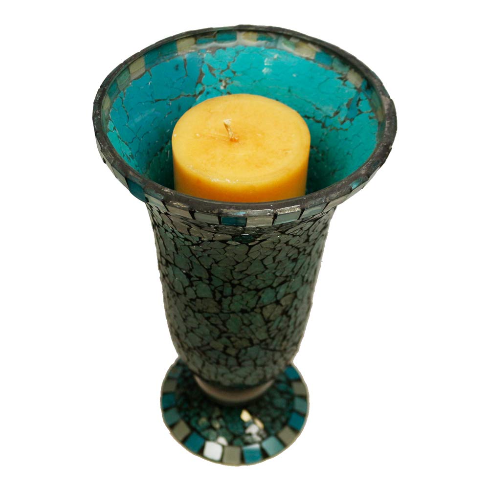 Blue Moon Glass Hurricane Candle Holder - Elegant Mosaic Table
