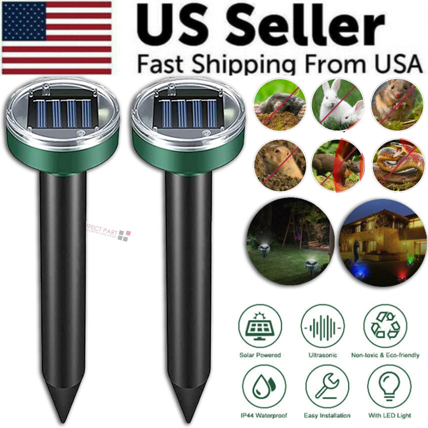 Solar Power Animal Repeller Ultrasonic Mole Pest Cat Mice Rodent