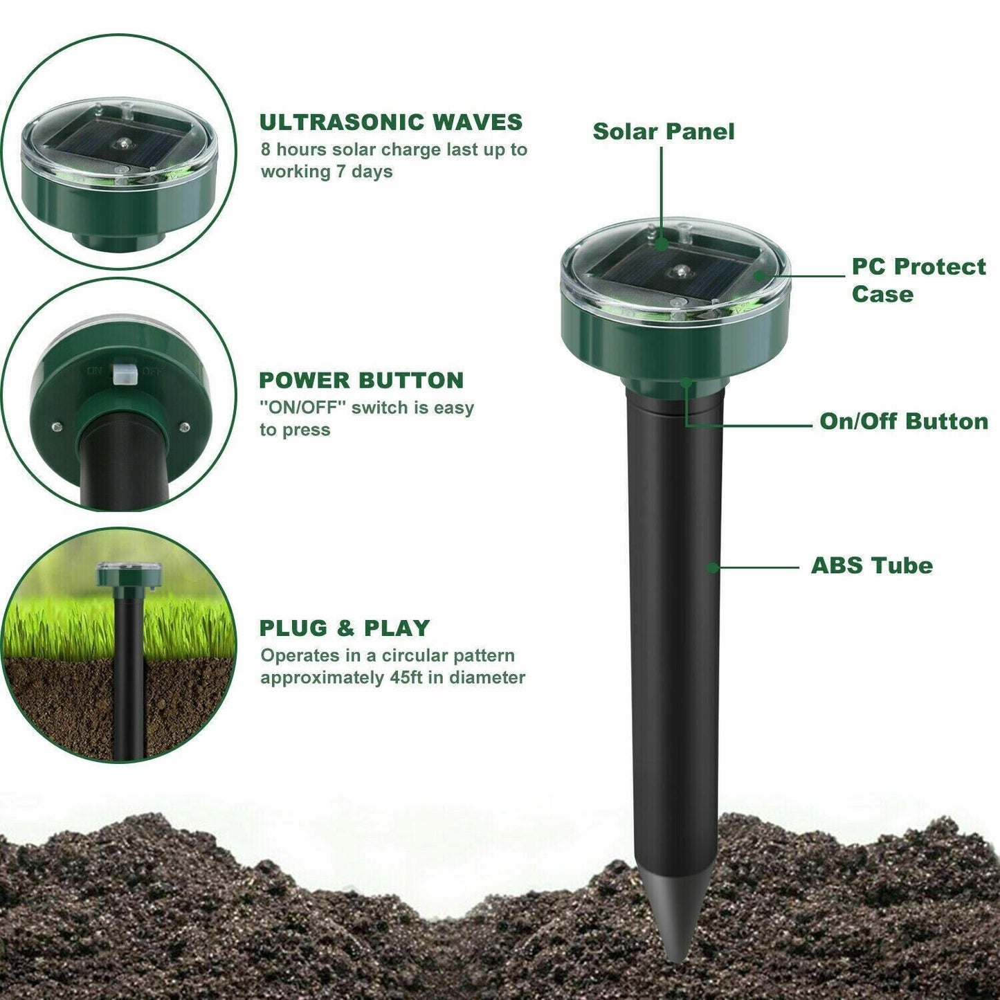 Solar Power Animal Repeller Ultrasonic Mole Pest Cat Mice Rodent