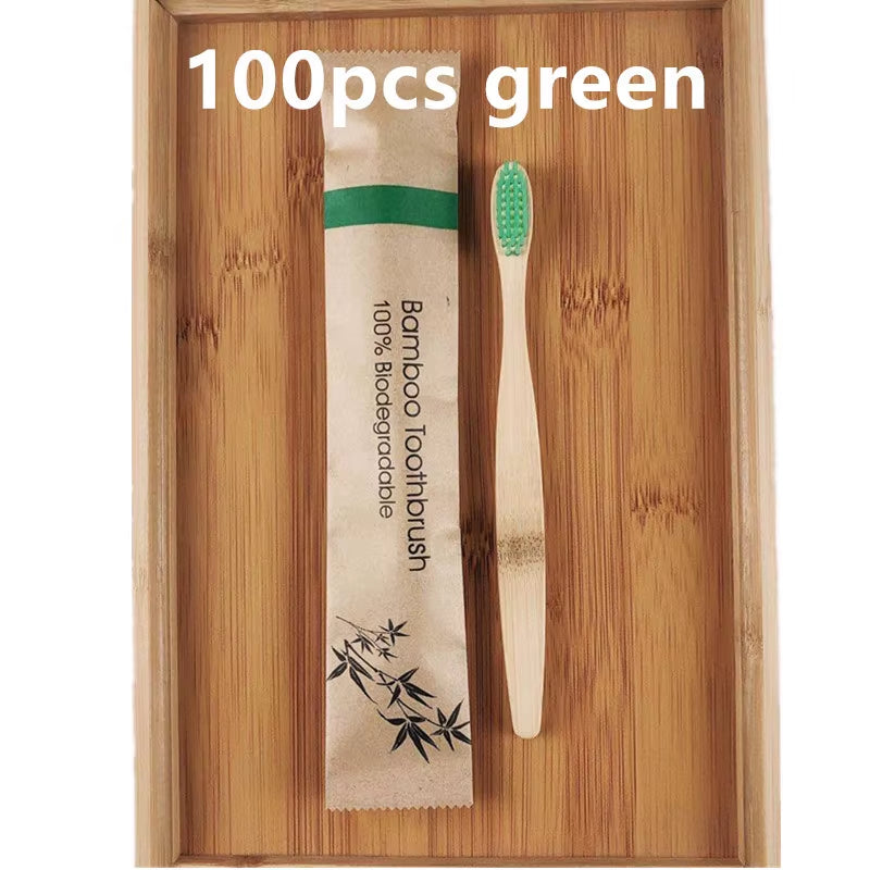 50 / 100 Pcs Customized Laser Engraving Logo Bamboo Toothbrushes Portable Eco Friendly Wooden Tooth Brush for Adults Children