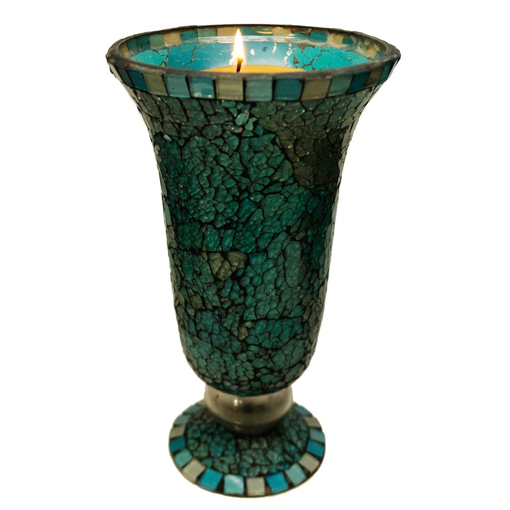 Blue Moon Glass Hurricane Candle Holder - Elegant Mosaic Table