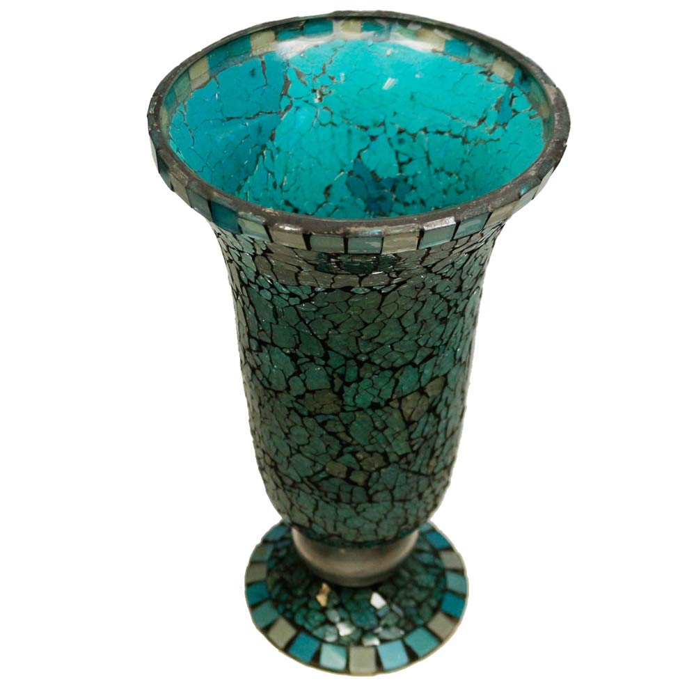 Blue Moon Glass Hurricane Candle Holder - Elegant Mosaic Table