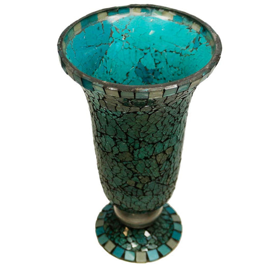 Blue Moon Glass Hurricane Candle Holder - Elegant Mosaic Table