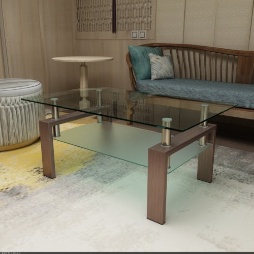 Rectangle Walnut Glass Coffee Table, Clear Coffee Table, Modern Side