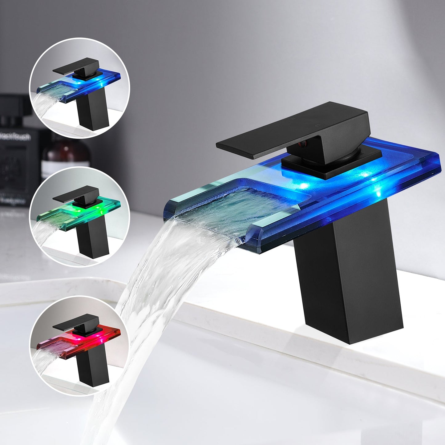 Bathroom Sink Faucet LED Light 3 Colors Changing Waterfall Glass Spout