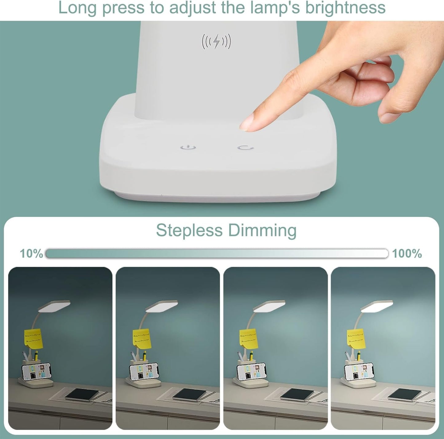 Upgraded LED Desk Lamp with Wireless Charger, White Small Desk Light