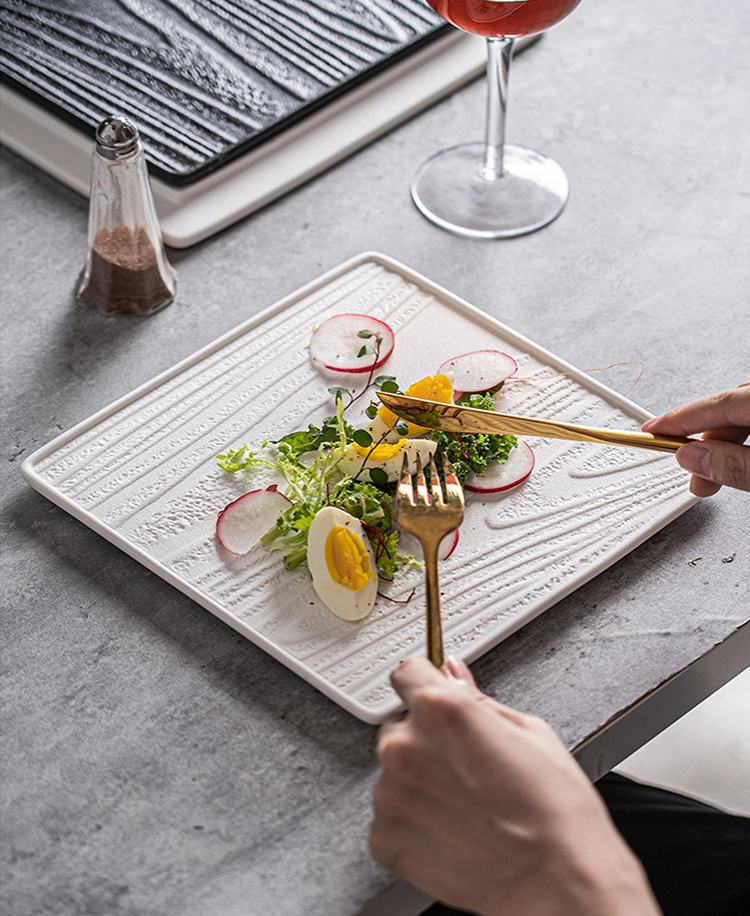Modern Square Ceramic Dinner Plate｜High-Fired Stone-Texture Ceramic