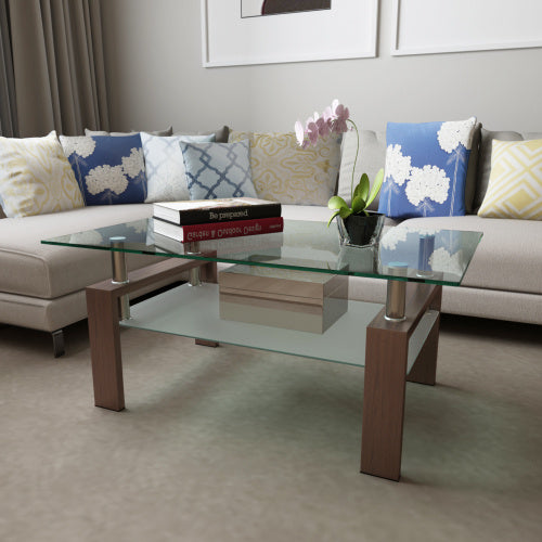 Rectangle Walnut Glass Coffee Table, Clear Coffee Table, Modern Side