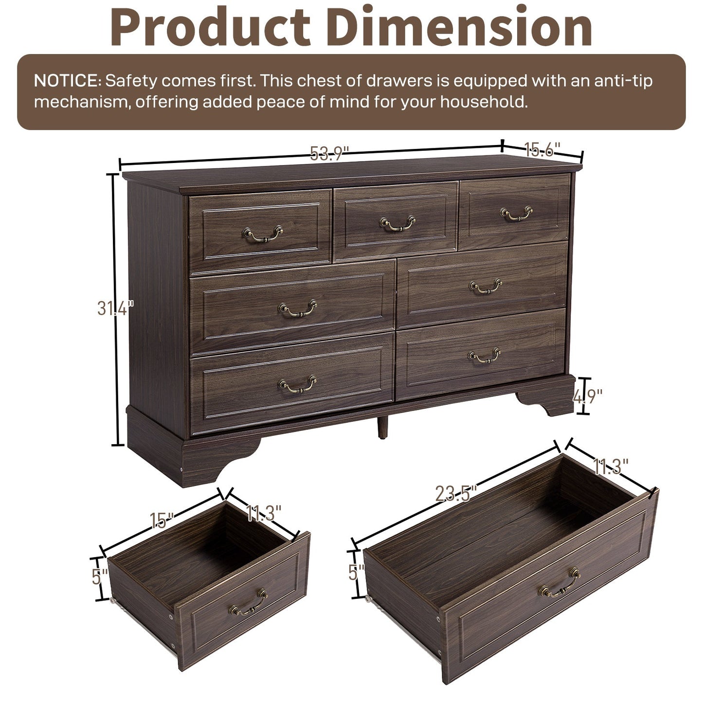 Lunelux™ – 7-Drawer Chest of Drawers (P2 MDF, Walnut Finish)