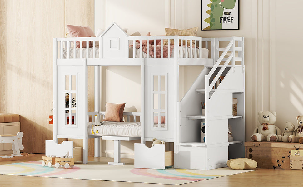 Twin-Over-Twin Bunk Bed with Changeable Table, Bunk Bed Turn into