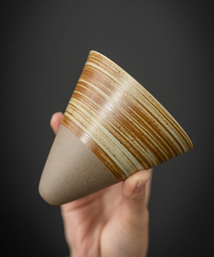 Handmade Cone Ceramic Mug with Wooden Saucer – Retro Stoneware Cup for
