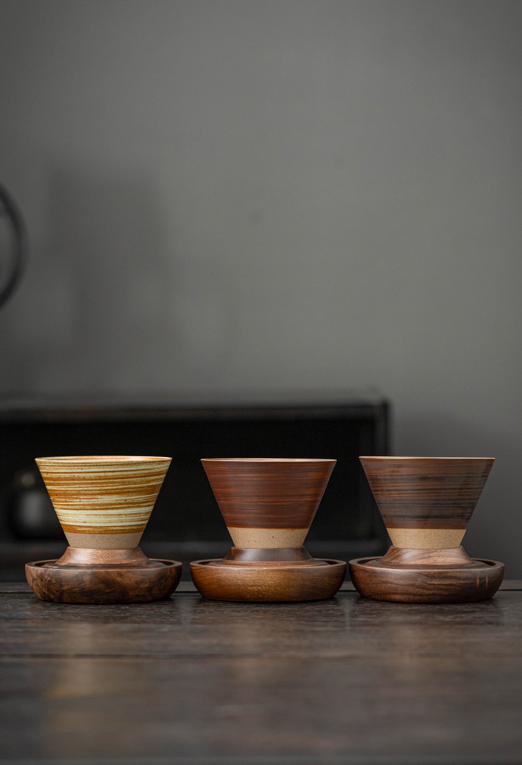 Handmade Cone Ceramic Mug with Wooden Saucer – Retro Stoneware Cup for