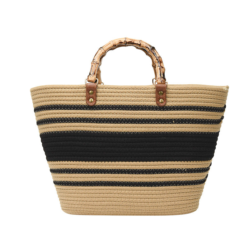 “Eco-Friendly Women’s Bamboo Handbag with Black Stripe Detail - Stylish and Sustainable”
