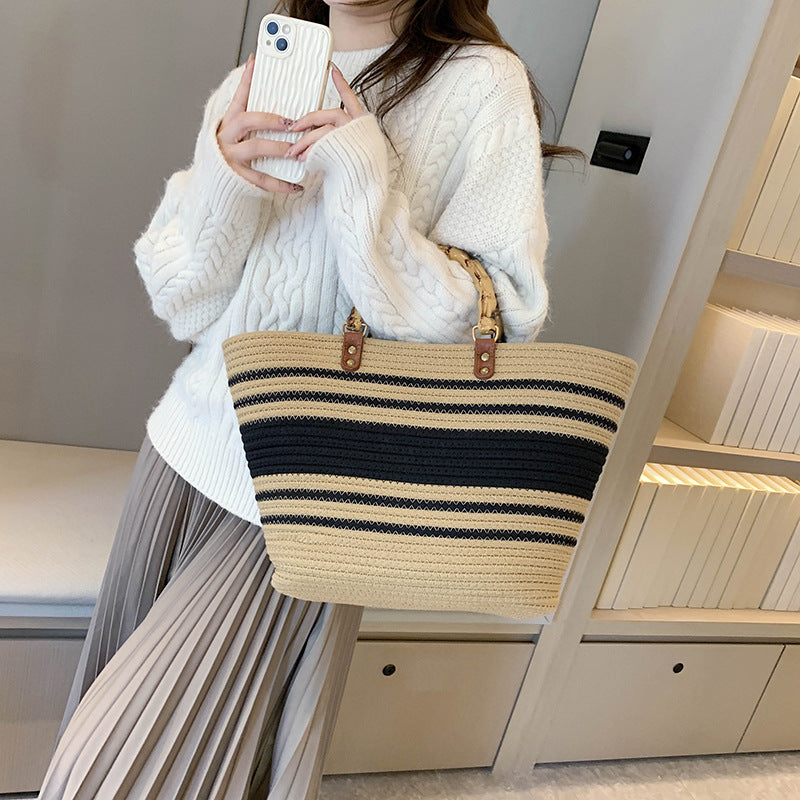 “Eco-Friendly Women’s Bamboo Handbag with Black Stripe Detail - Stylish and Sustainable”