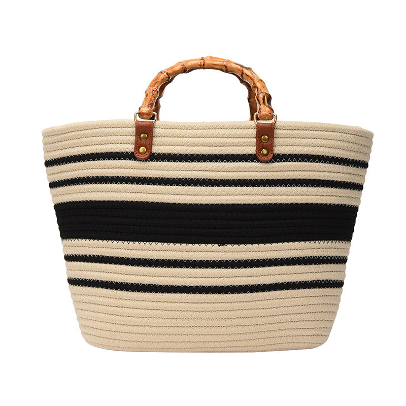 “Eco-Friendly Women’s Bamboo Handbag with Black Stripe Detail - Stylish and Sustainable”