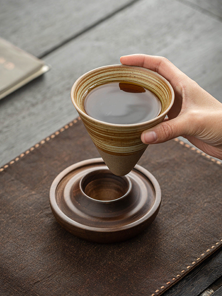 Handmade Cone Ceramic Mug with Wooden Saucer – Retro Stoneware Cup for