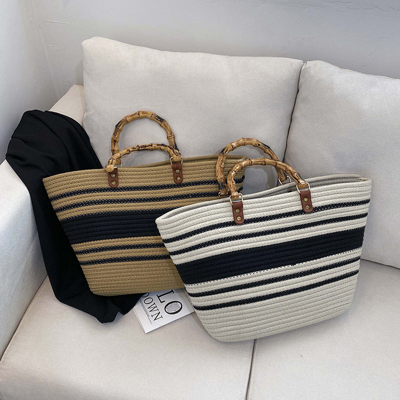 “Eco-Friendly Women’s Bamboo Handbag with Black Stripe Detail - Stylish and Sustainable”