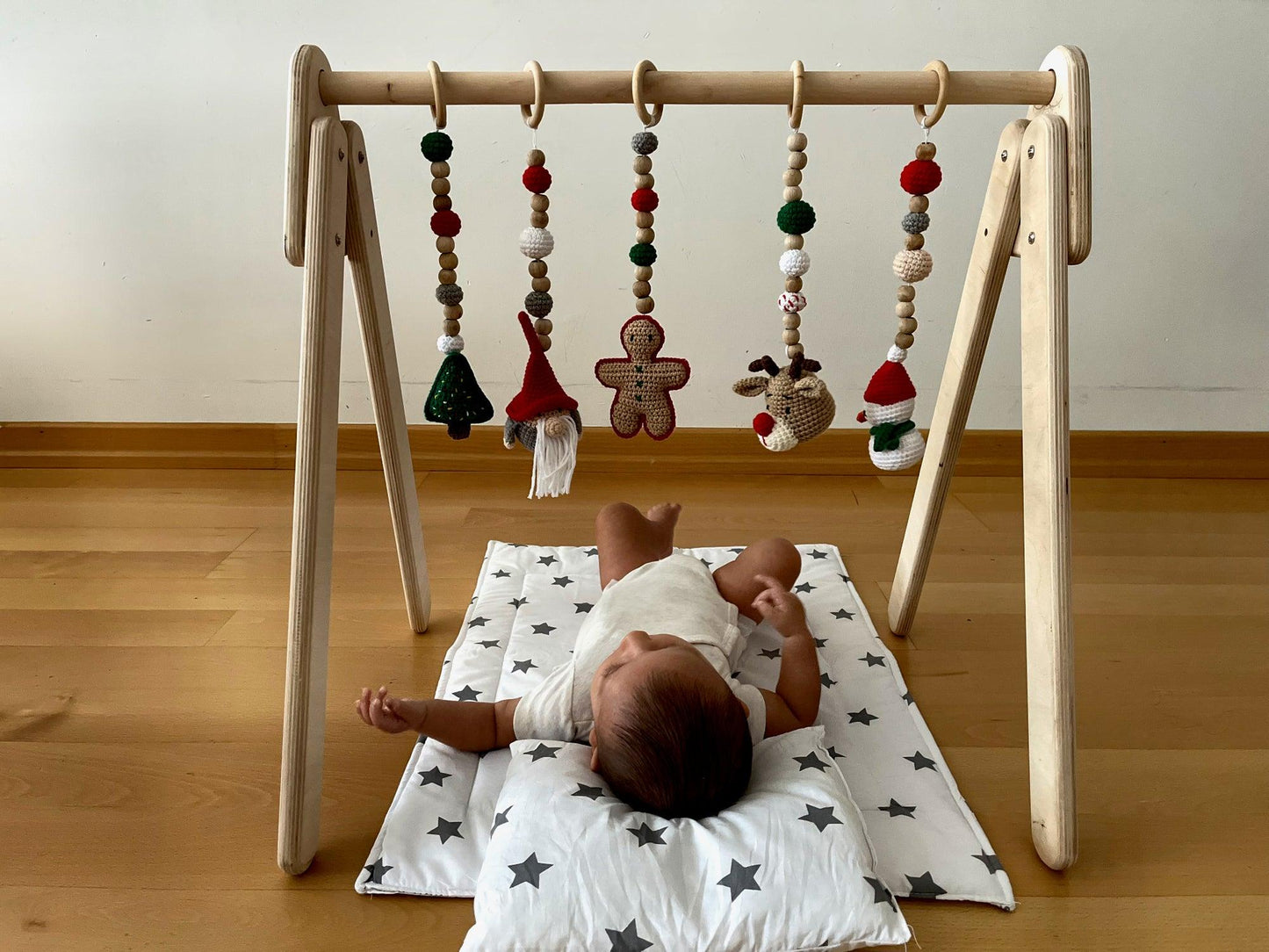 Montessori Baby Gym & Hanging Toys Set | Wooden Play Gym for Babies