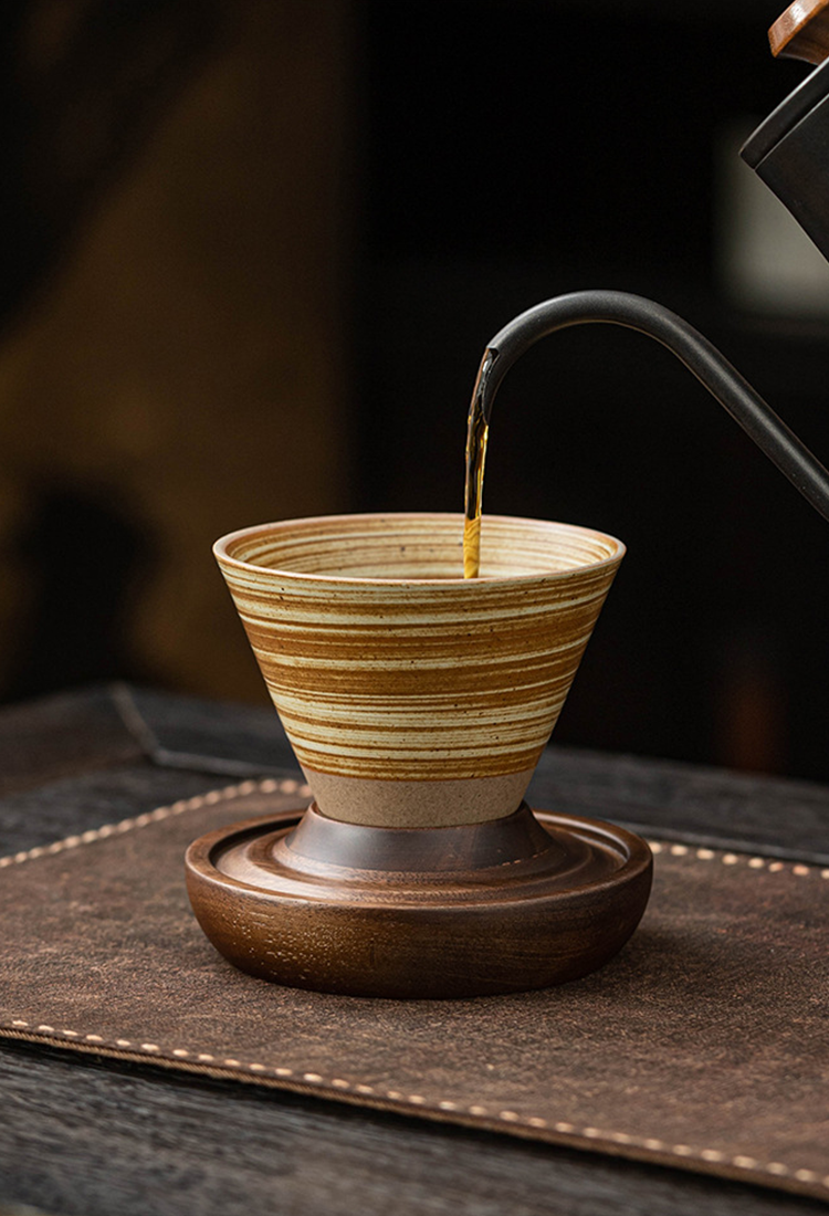 Handmade Cone Ceramic Mug with Wooden Saucer – Retro Stoneware Cup for