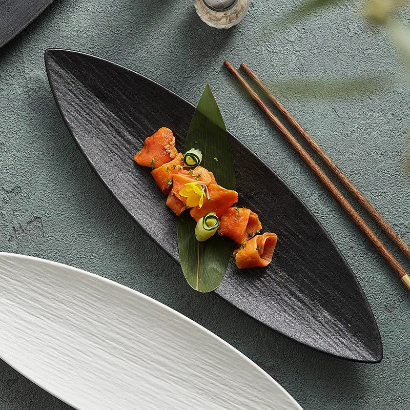 Leaf-Shaped Ceramic Serving Plate – Textured Long Dish for Sushi or Ap