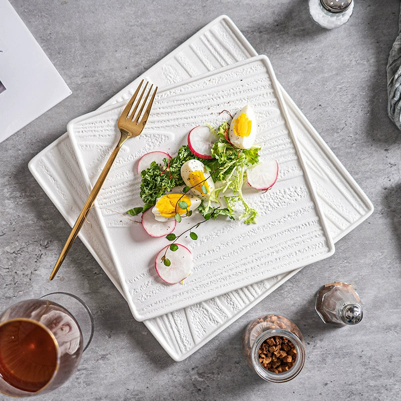 Modern Square Ceramic Dinner Plate｜High-Fired Stone-Texture Ceramic