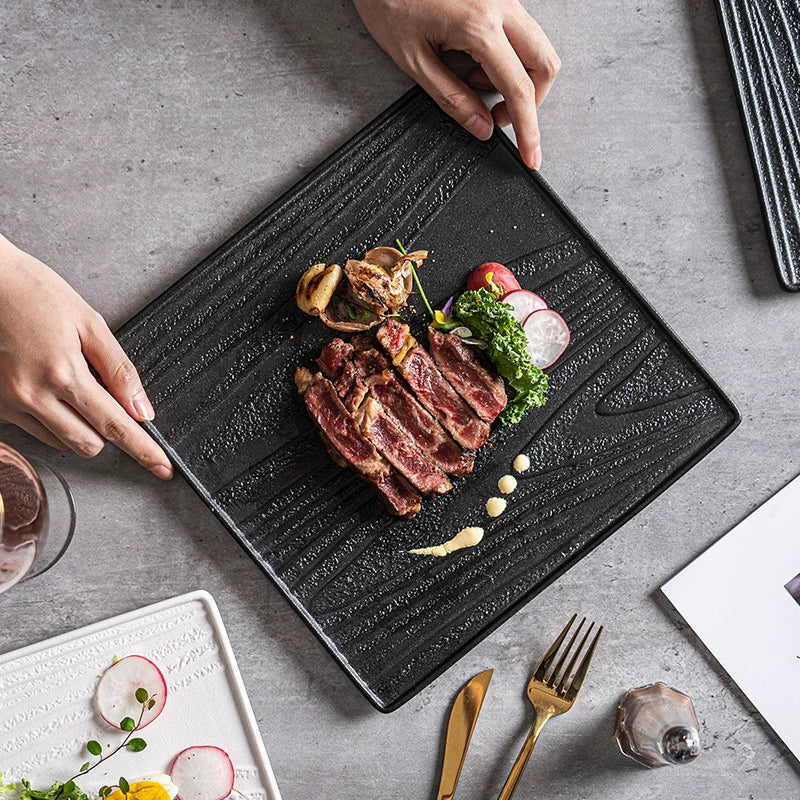 Modern Square Ceramic Dinner Plate｜High-Fired Stone-Texture Ceramic