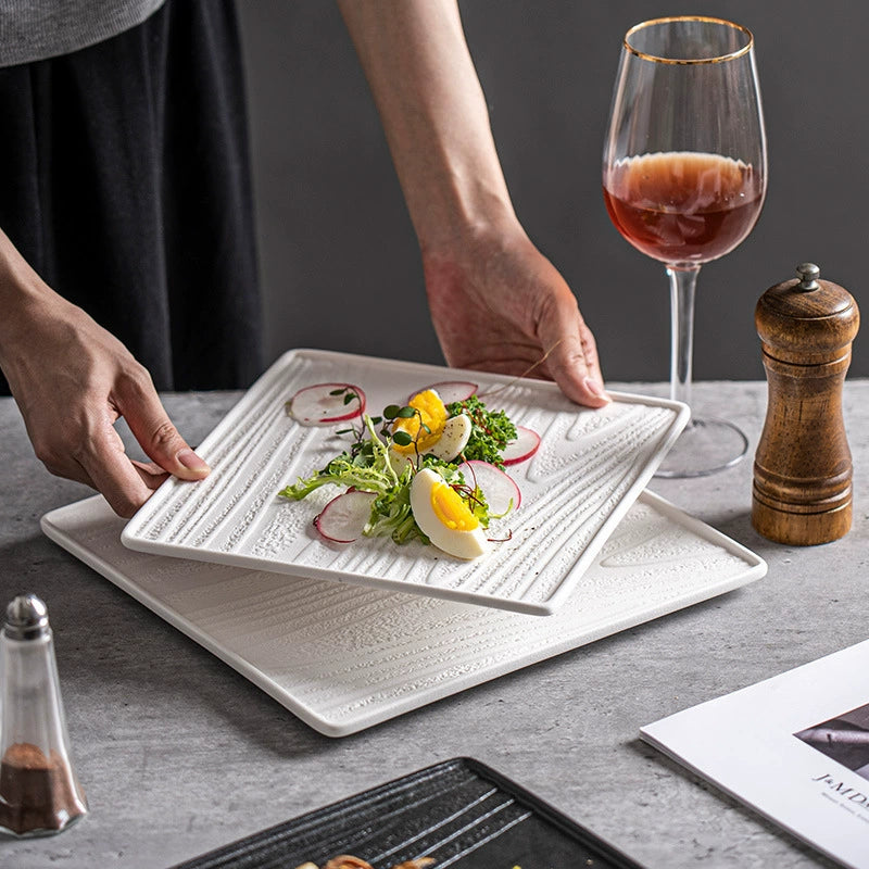 Modern Square Ceramic Dinner Plate｜High-Fired Stone-Texture Ceramic