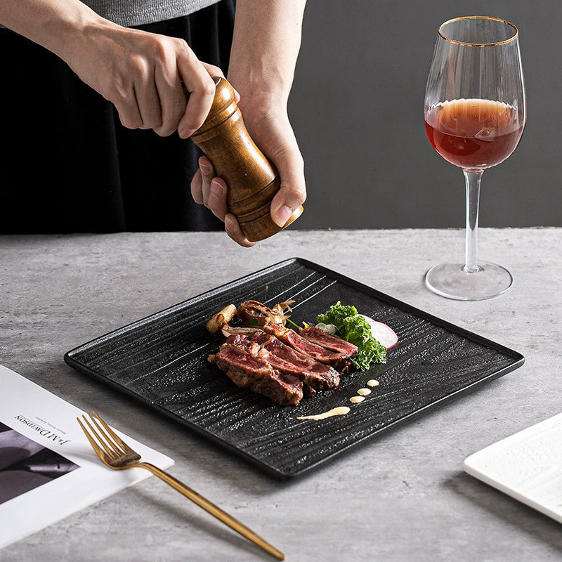 Modern Square Ceramic Dinner Plate｜High-Fired Stone-Texture Ceramic