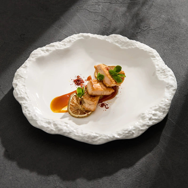 Rock Pattern Ceramic Skirt Plate – Modern Flat Shallow Dish for Dining