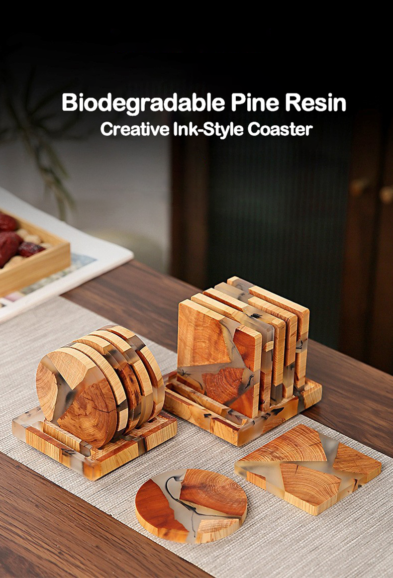Biodegradable Pine Wood Resin Coasters with Ink Texture – 8cm