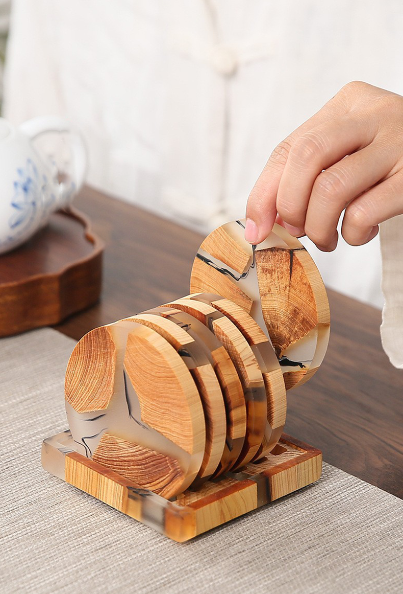 Biodegradable Pine Wood Resin Coasters with Ink Texture – 8cm